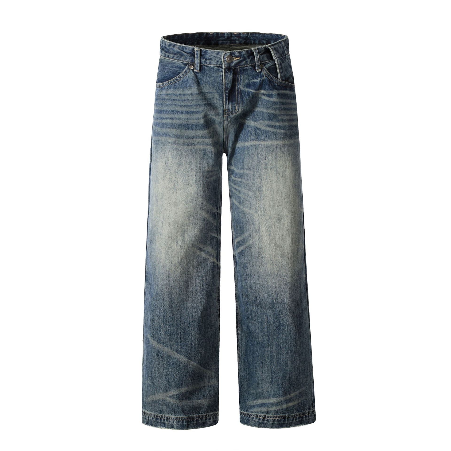 11KN American Retro Cleanfi Heavy High Street Washed Blue Loose Straight Wide Leg Long Jeans