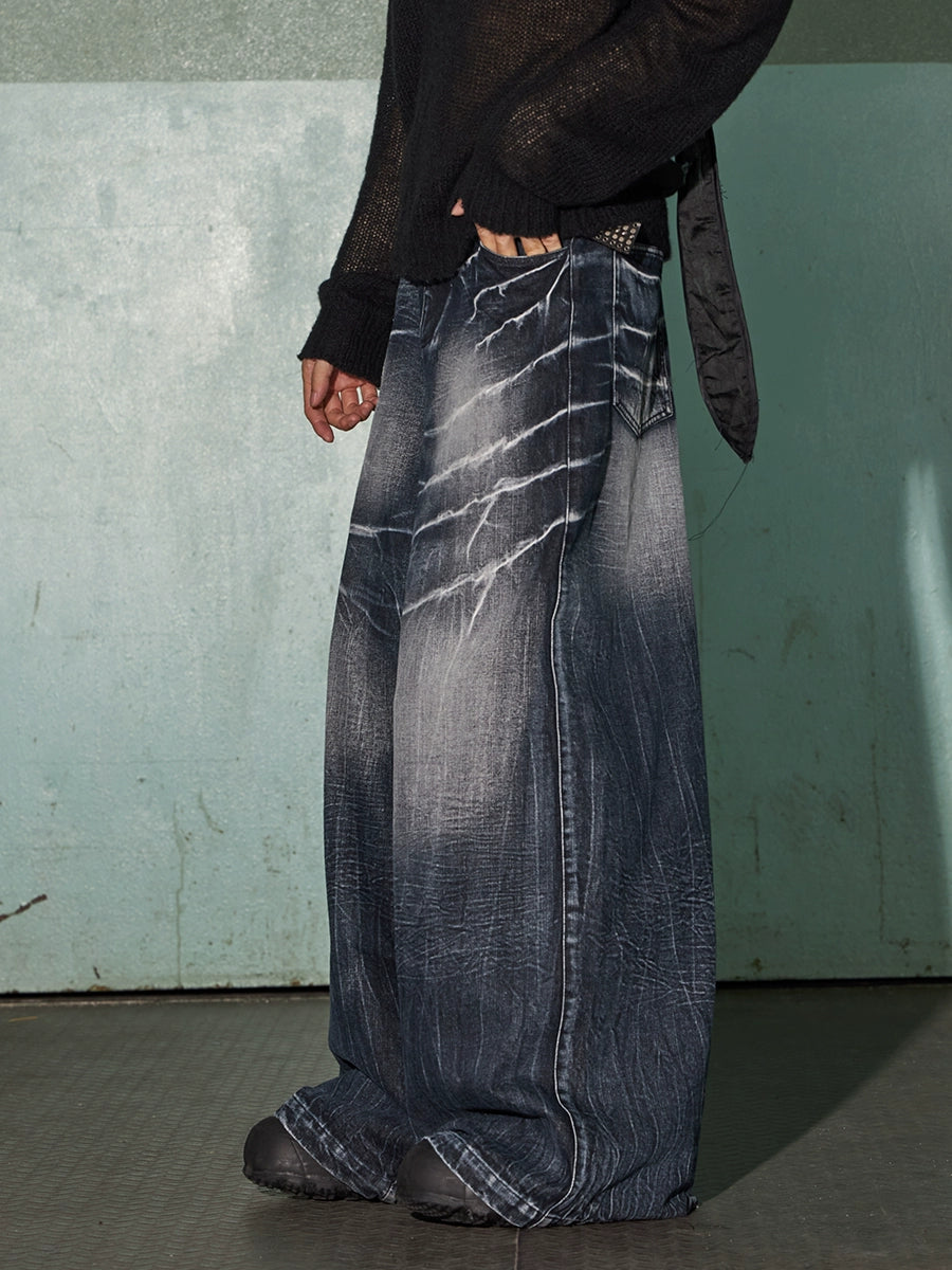 DND4DES Washed Old Lightning Pattern Loose Wide-leg Pants Jeans