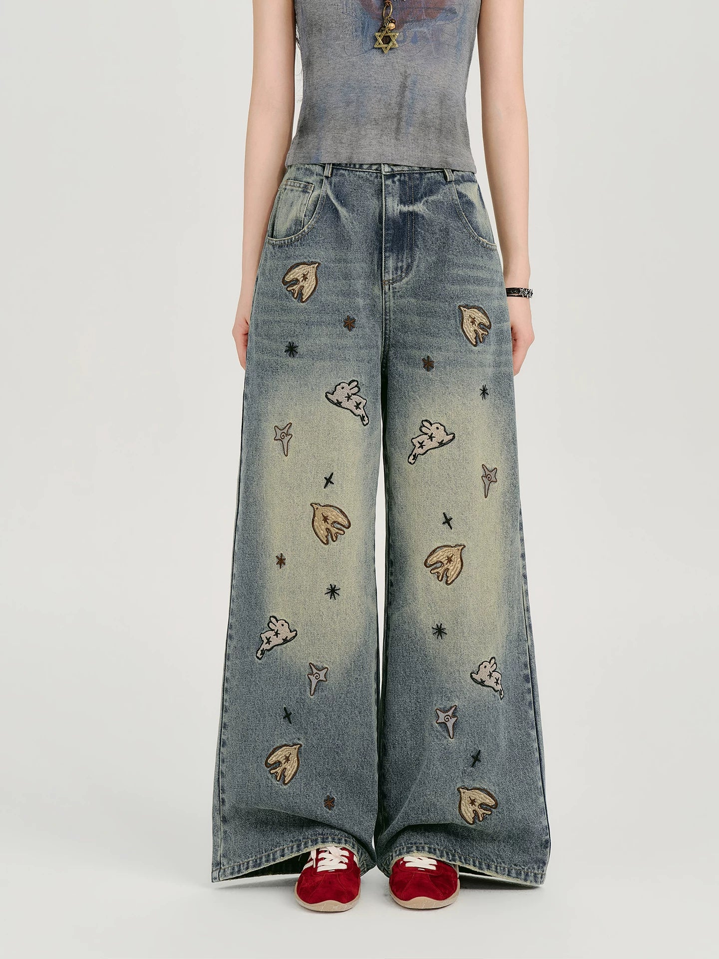 Girlyhalo Wide-leg Embroidered Jeans