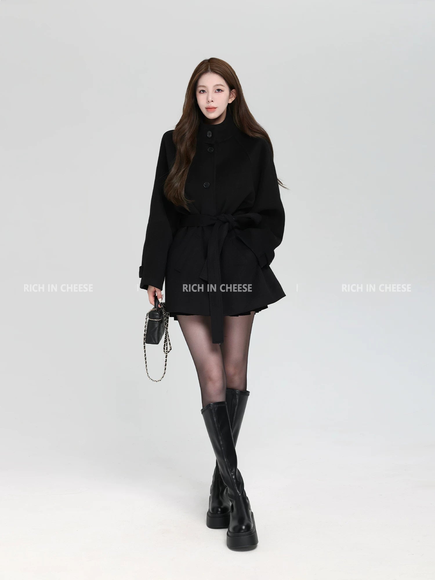 RICH IN CHEESE Premium Sense Stand-Up Neck Lace-Up Waist Wool Jacket