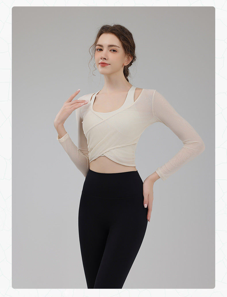 TIANQINGSE Mesh Real Two-piece Sports Long Sleeve with Chest Pad