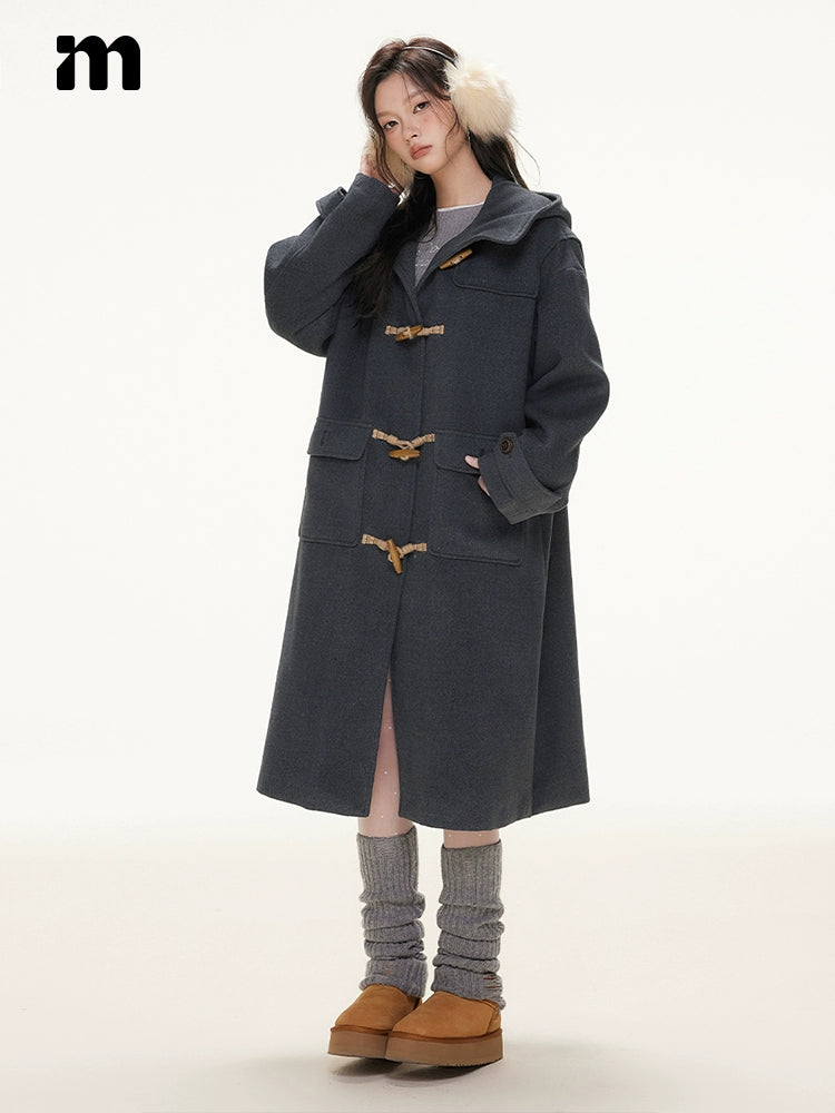 Imone Retro Horn Buckle Casual Medium and Long Woolen Jacket