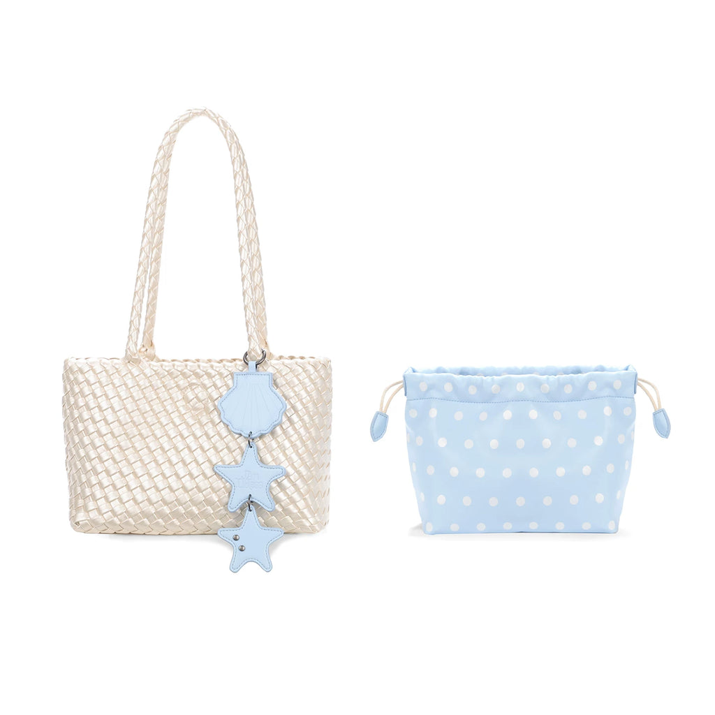 JANDRESS Pearl White Woven Polka Dot Top-Handle Bag