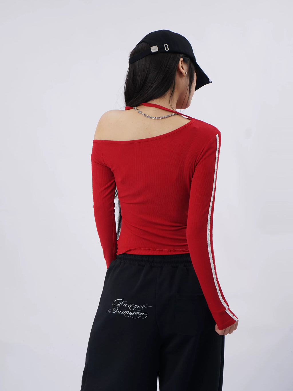 SAMUSAN Slanted Shoulder Striped Strap Long Sleeve