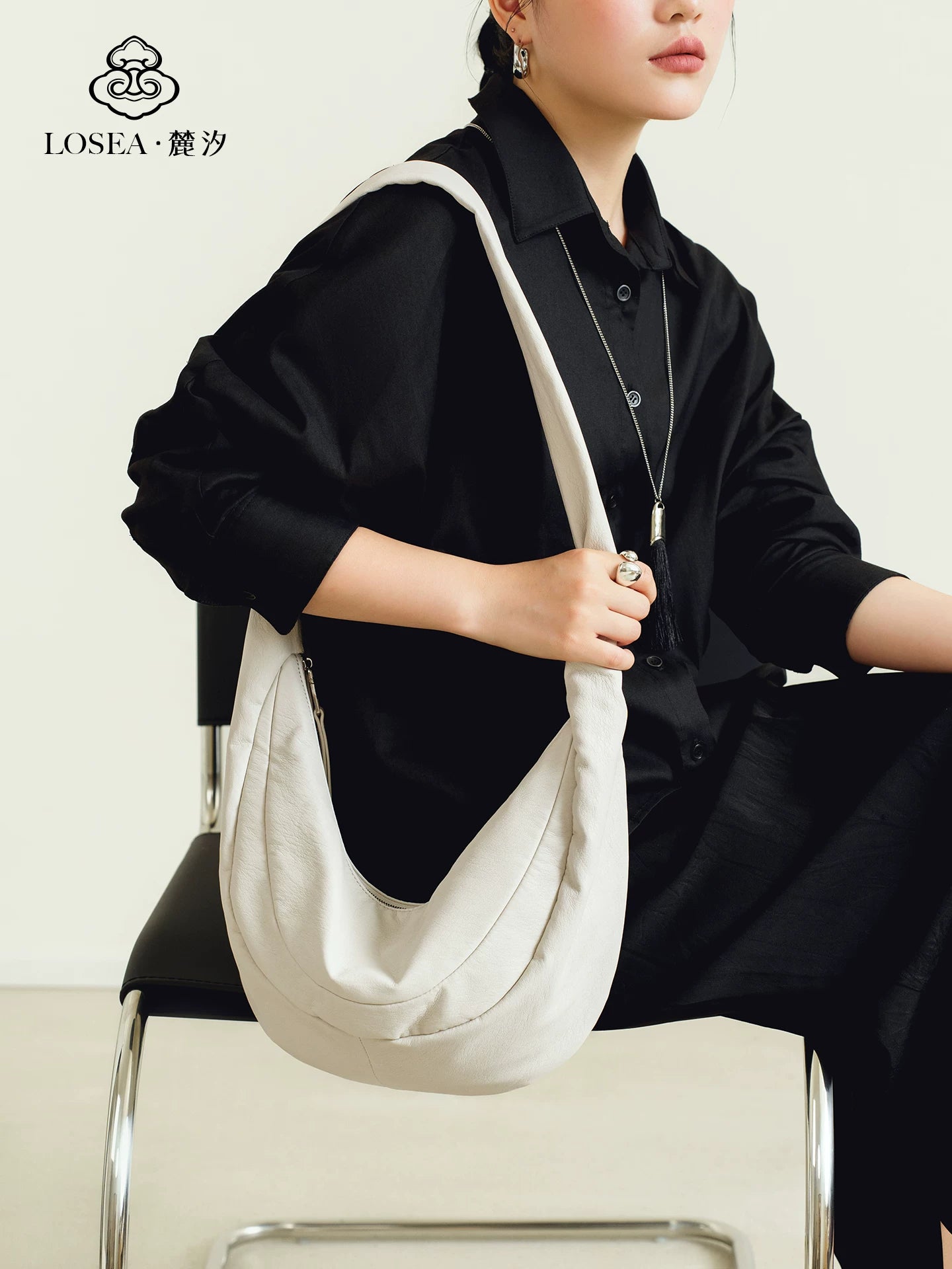 LOSEA White Faux Leather Zip Hobo Bag