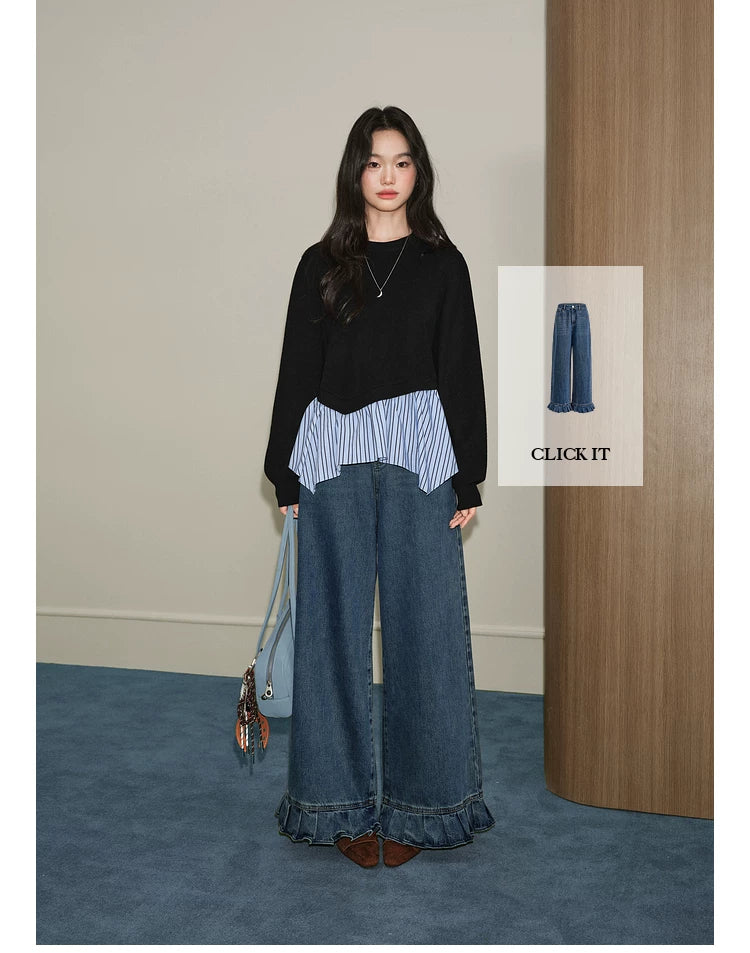 KUOSE Fake Two-piece Spliced Striped Sweater