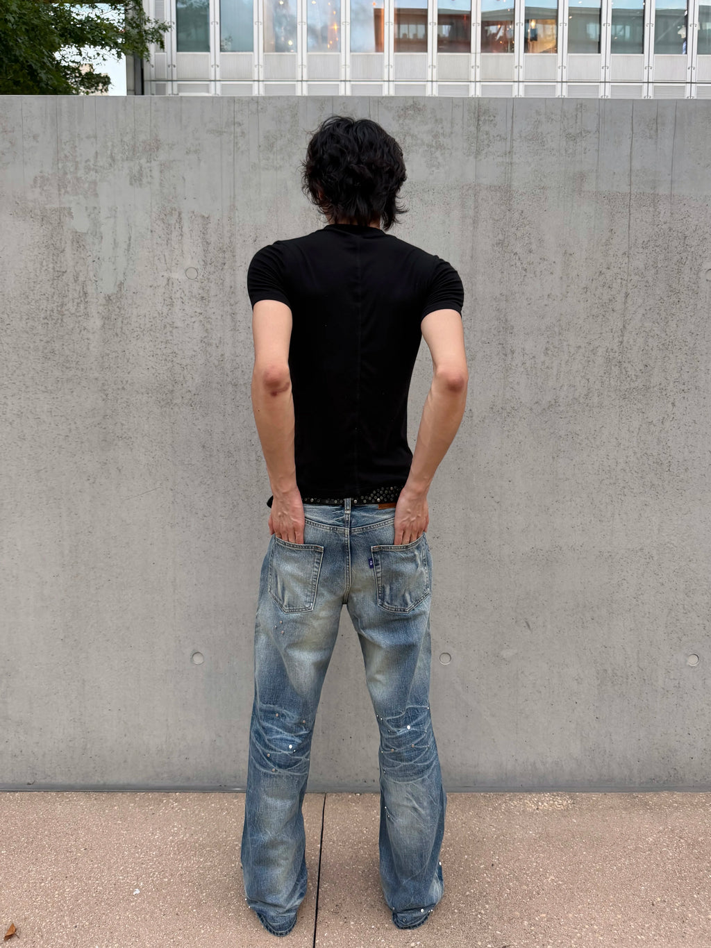 VOWPROGRESS Washed Glacier Blue Distressed Whiskered Flared Jeans