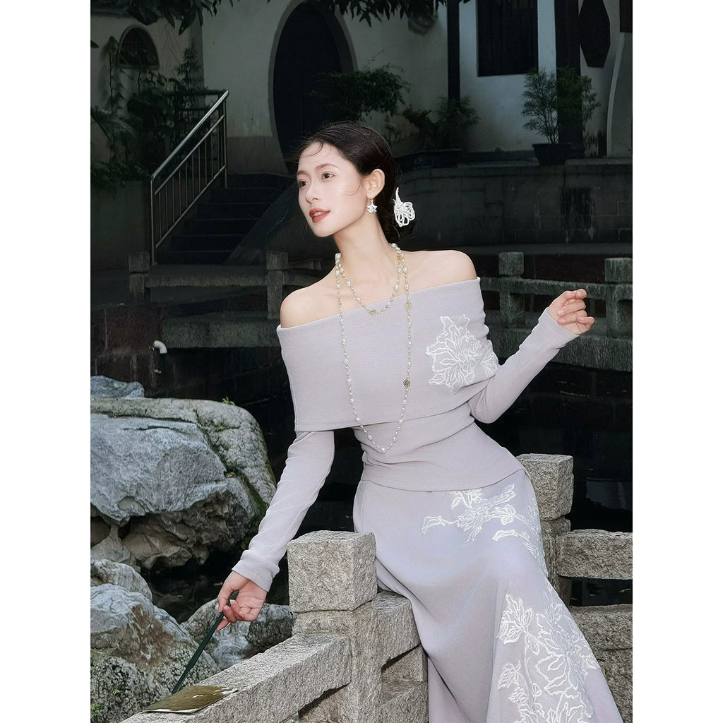 ZIHE One-word Shoulder Knitted Set