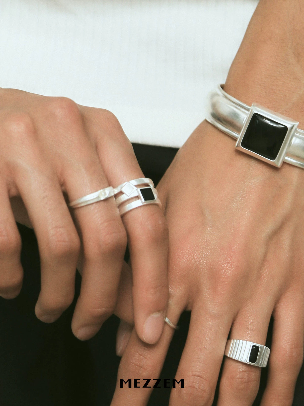 MEZZEM Sterling Silver Square-Cut Mother-of-Pearl & Black Onyx Open-End Ring