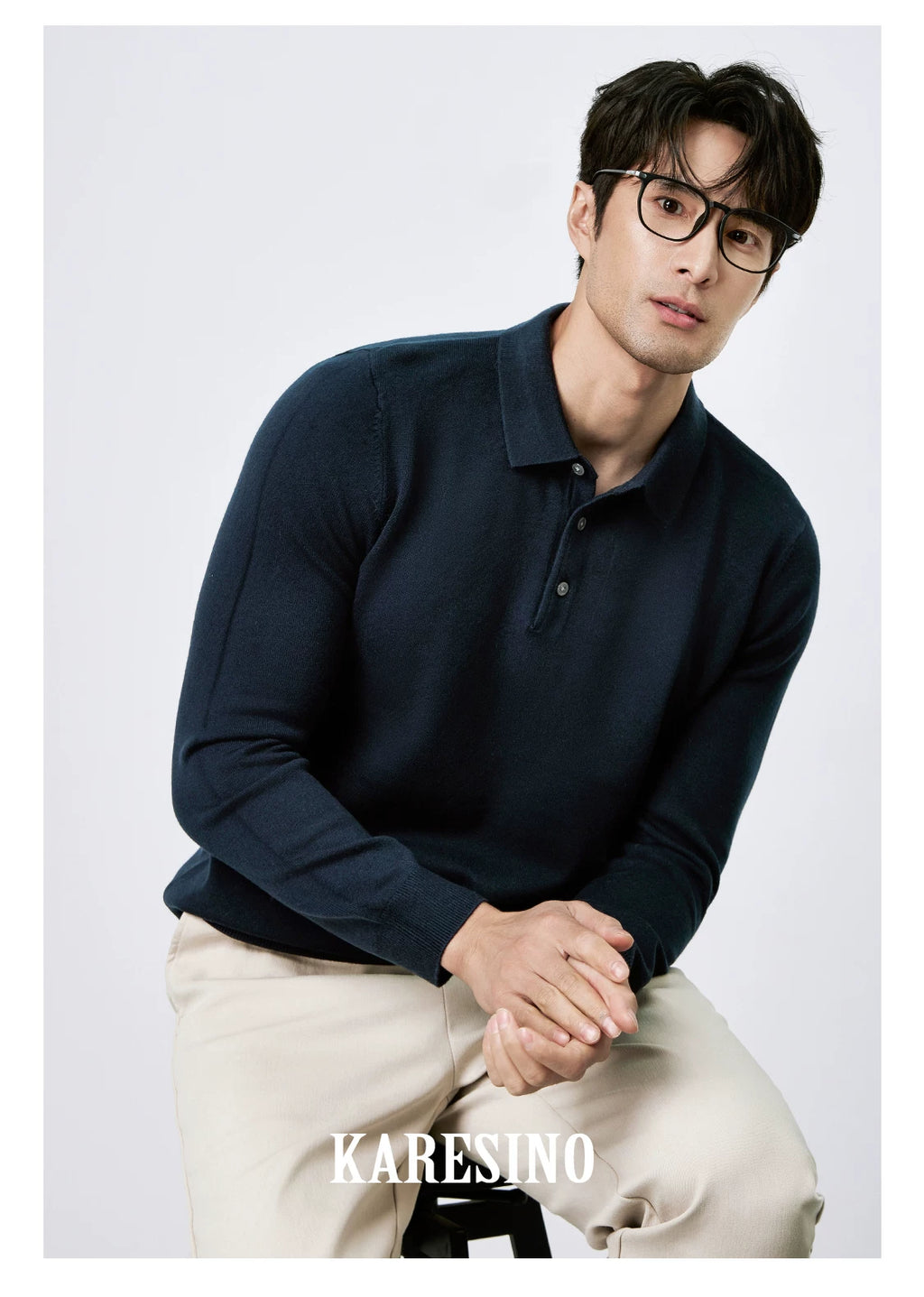 KARESINO Lyocell Wool, Lapel Polo Knitted Sweater