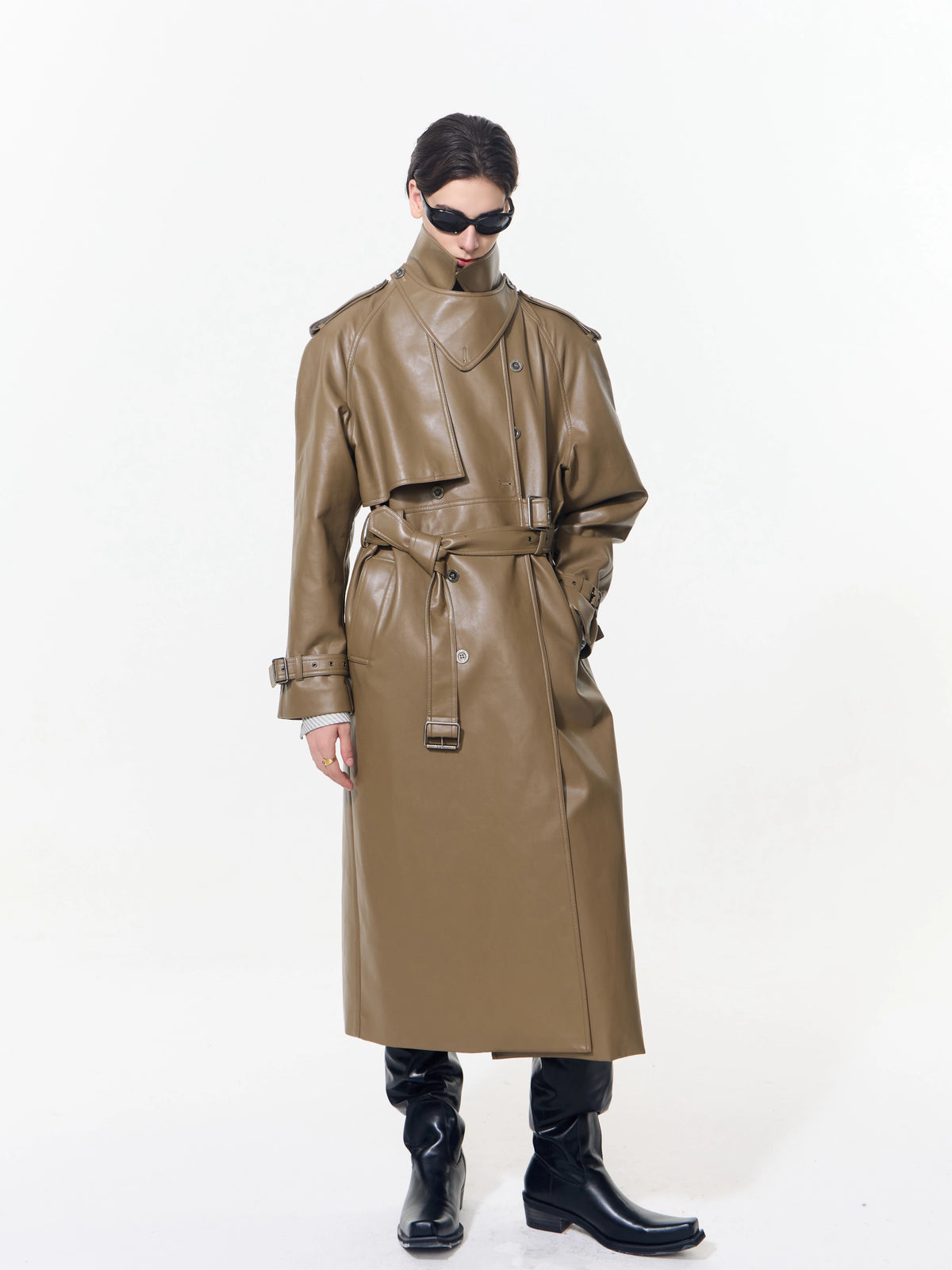 INTERLINKED Deconstructed PU Leather Double-Breasted Trench Coat