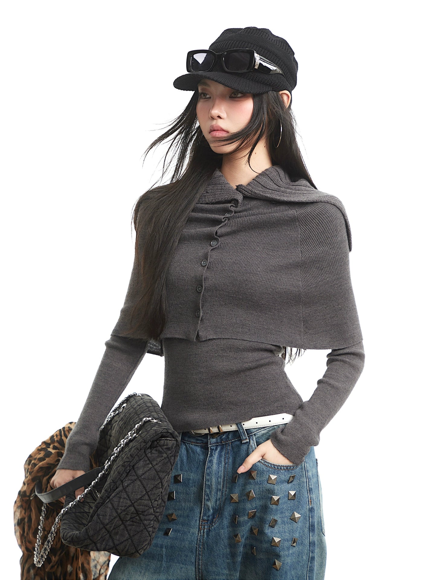 UNCMHISEX Turtleneck Long-sleeved Knitted Cardigan