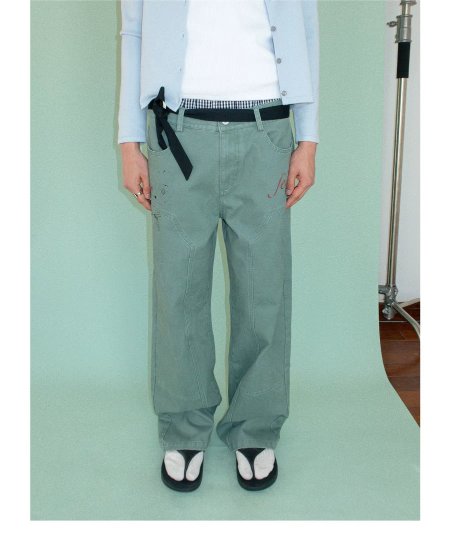 FUNKYFUN Fun Print Logging Structure Straight Casual Trousers