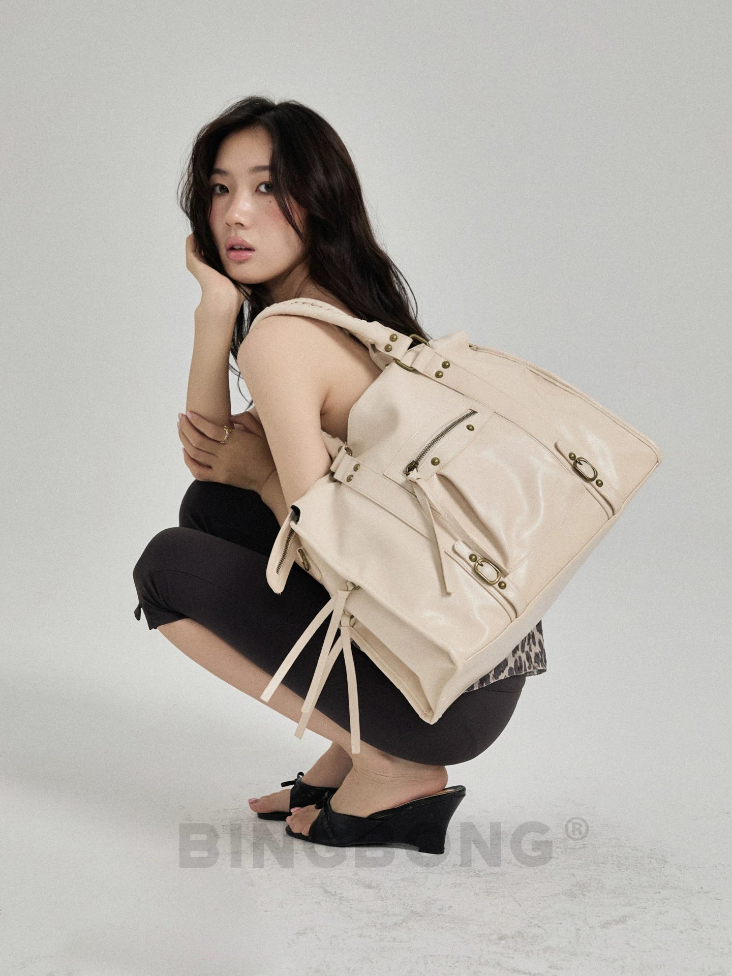 BINGBONG Croc-Embossed Faux Leather Zip-Top Shoulder Bag