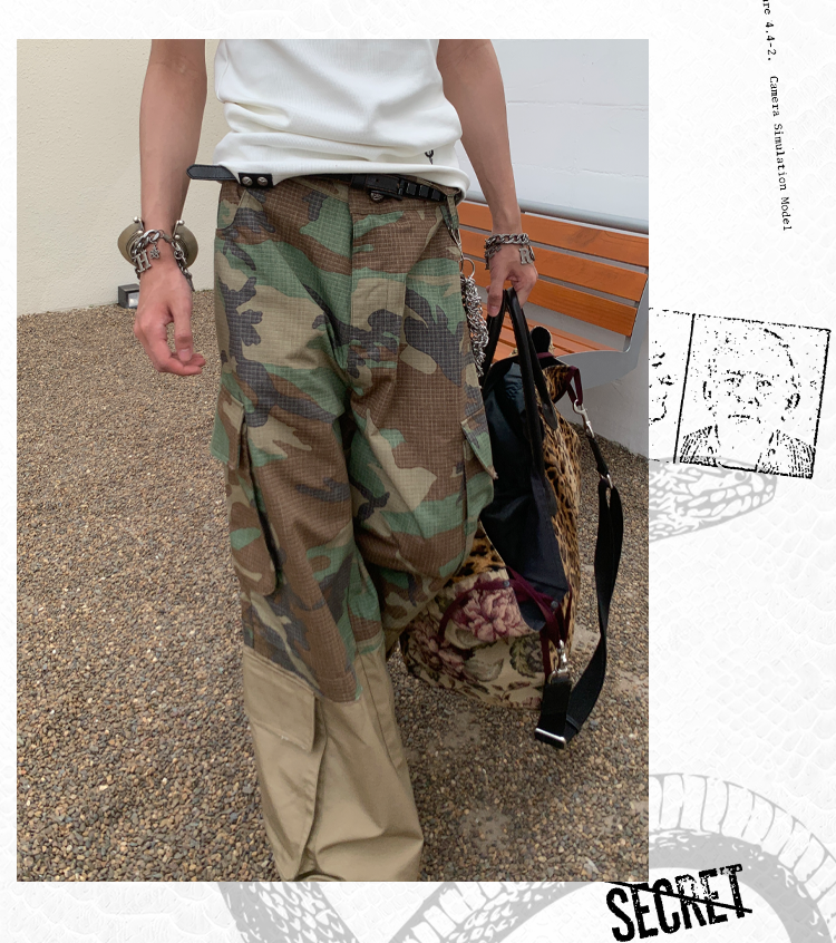 POH Fake Two-layer Frayed Stitching Camouflage Straight Wide-leg Pants