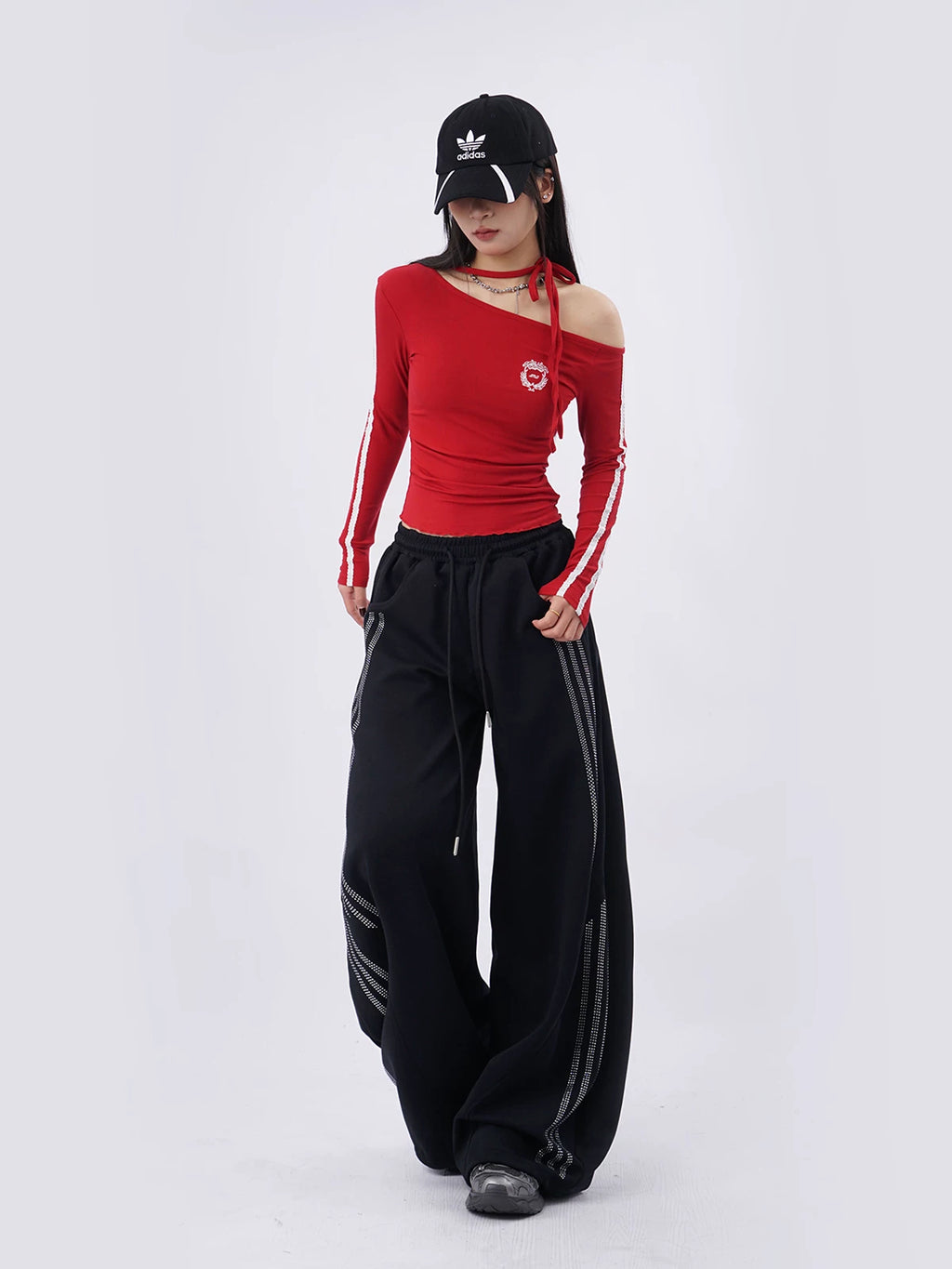 SAMUSAN Slanted Shoulder Striped Strap Long Sleeve