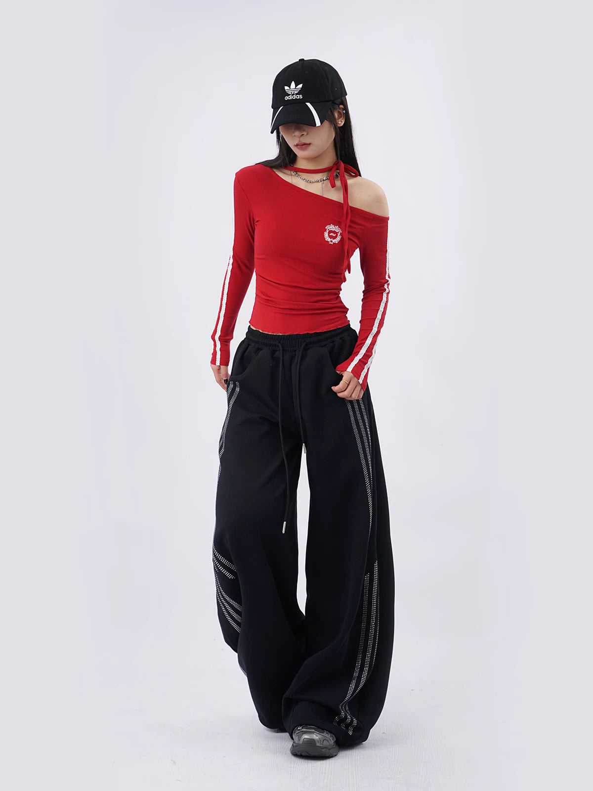 SAMUSAN Slanted Shoulder Striped Strap Long Sleeve