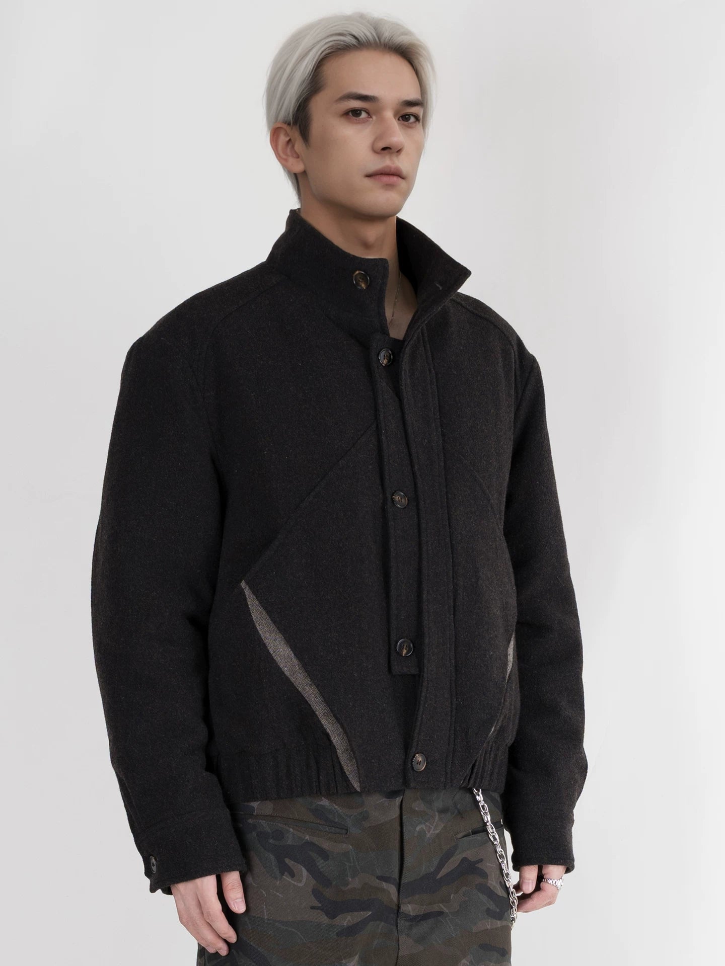 PERDU Double Placket Deconstruction Wool Splicing Stand-up Collar Color Matching Cotton Clothes