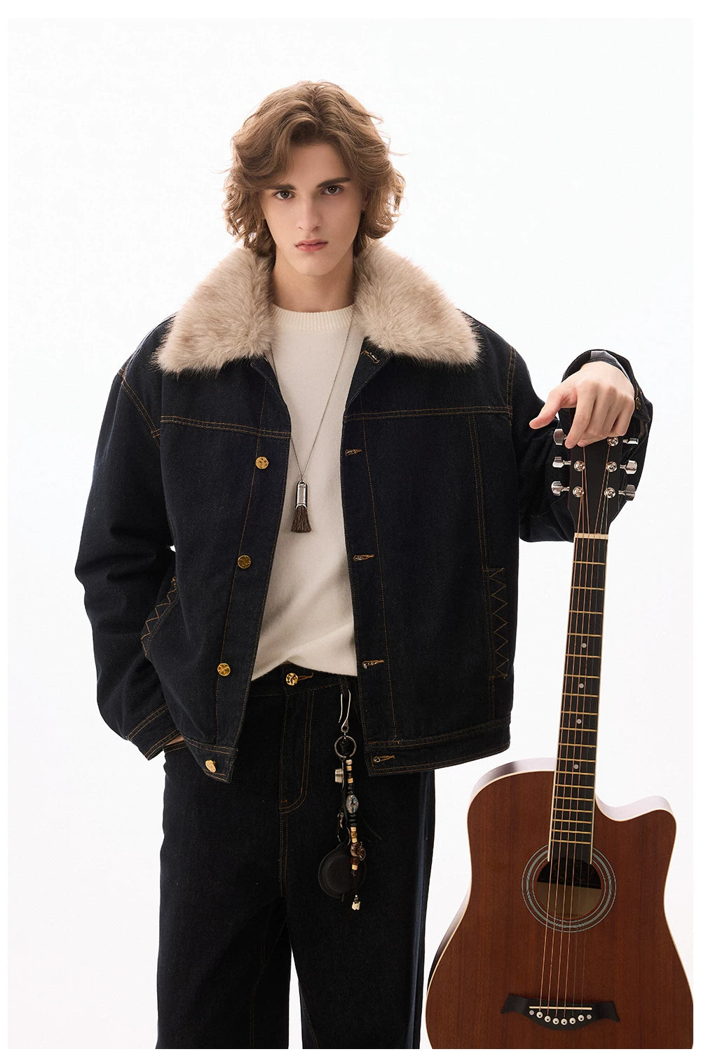 CHOR Fur Collar 500g Denim Jacket Set
