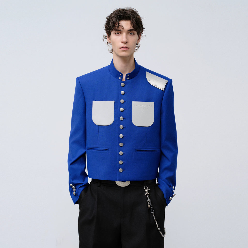 FACEON LAB Patch Uniform Stand Collar Casual Blazer Short Men's Jacket