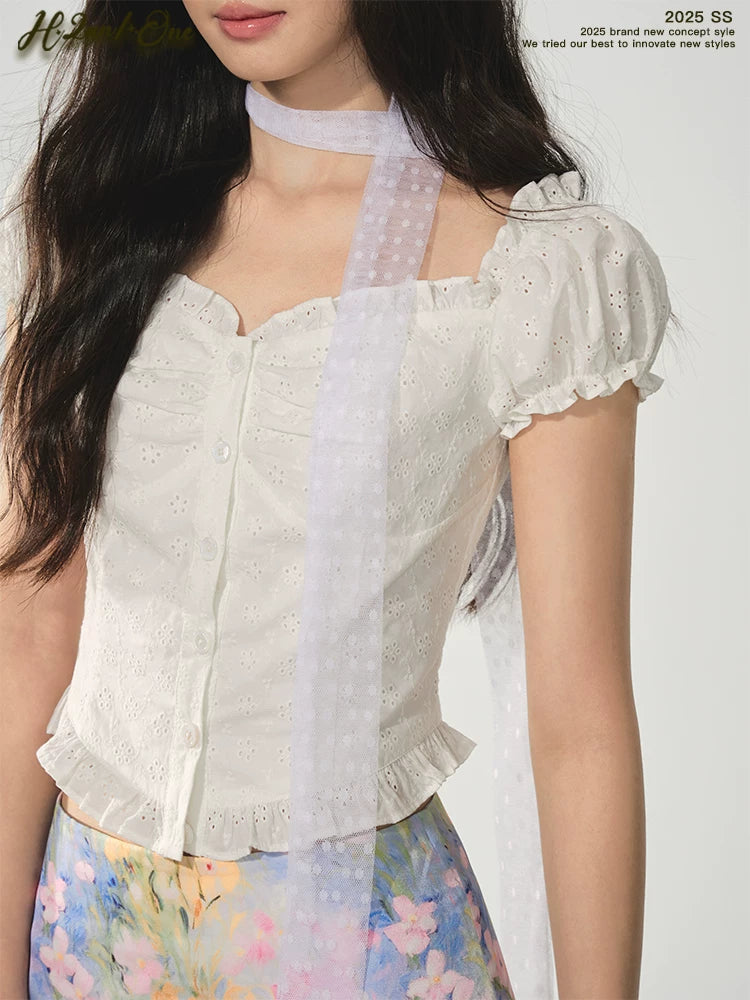 POPWEST Cutout One-Shoulder Puff-Sleeve Blouse