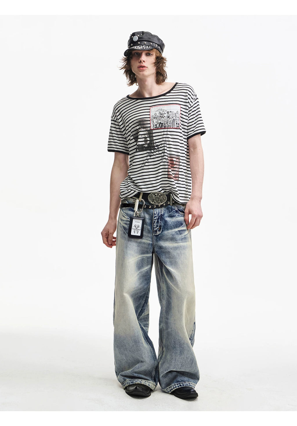 Yemanup Retro Striped Embroidered Applique Printed Versatile Tee