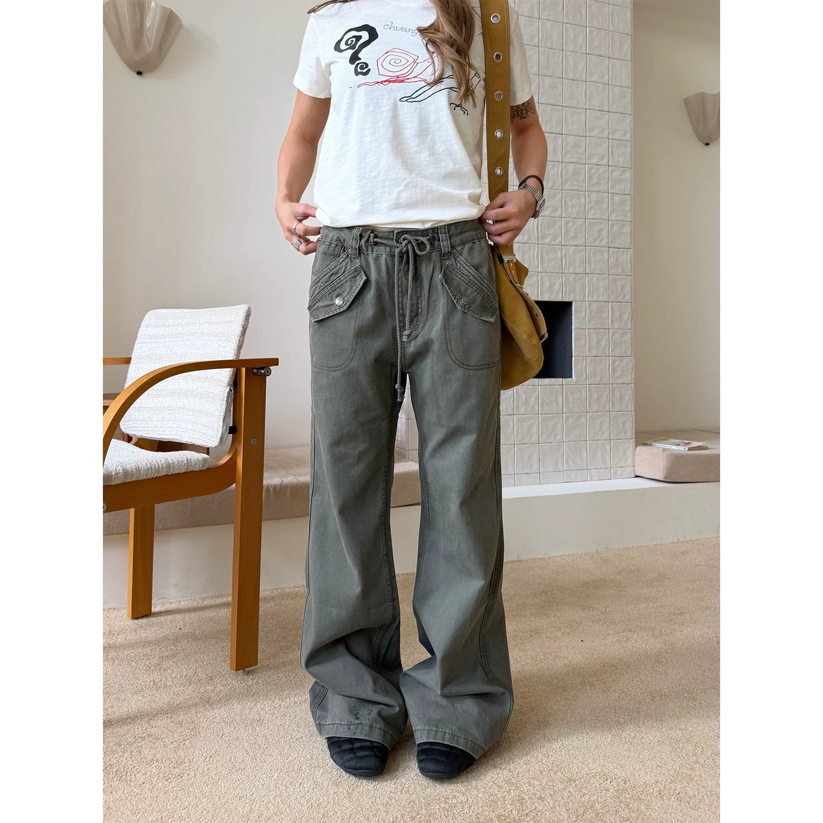 CCYE Distressed Flared Cotton Drawstring Pants