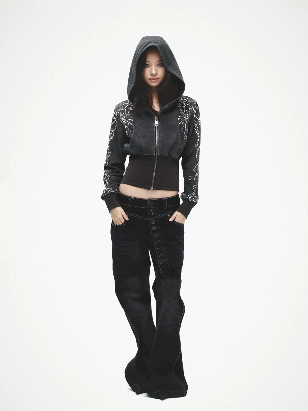 FayChui Gem Floral Ribbed Cropped Hoodie