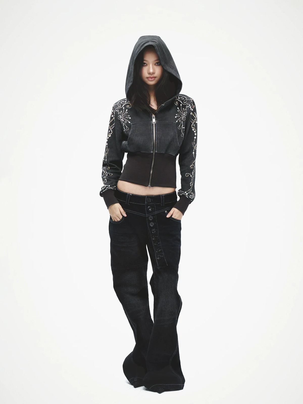 FayChui Gem Floral Ribbed Cropped Hoodie