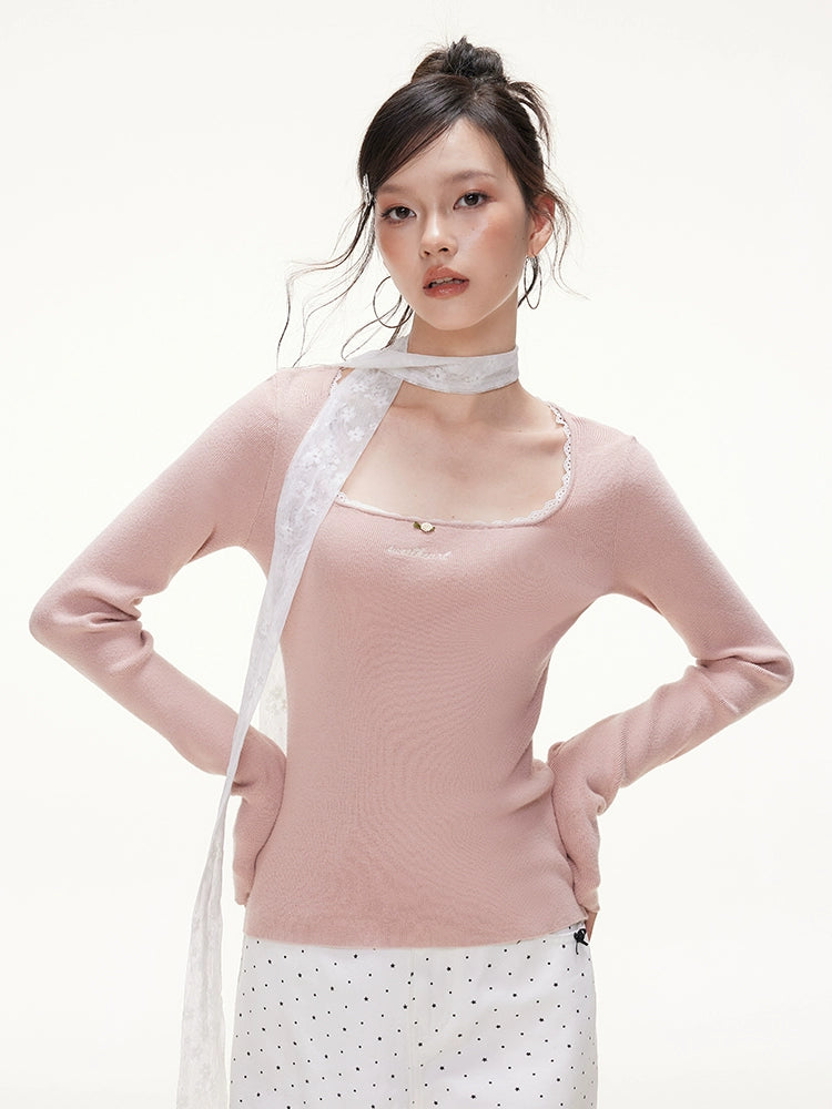 Imone Lace Contrasting Color Rose Generous Neck Knitted Sweater