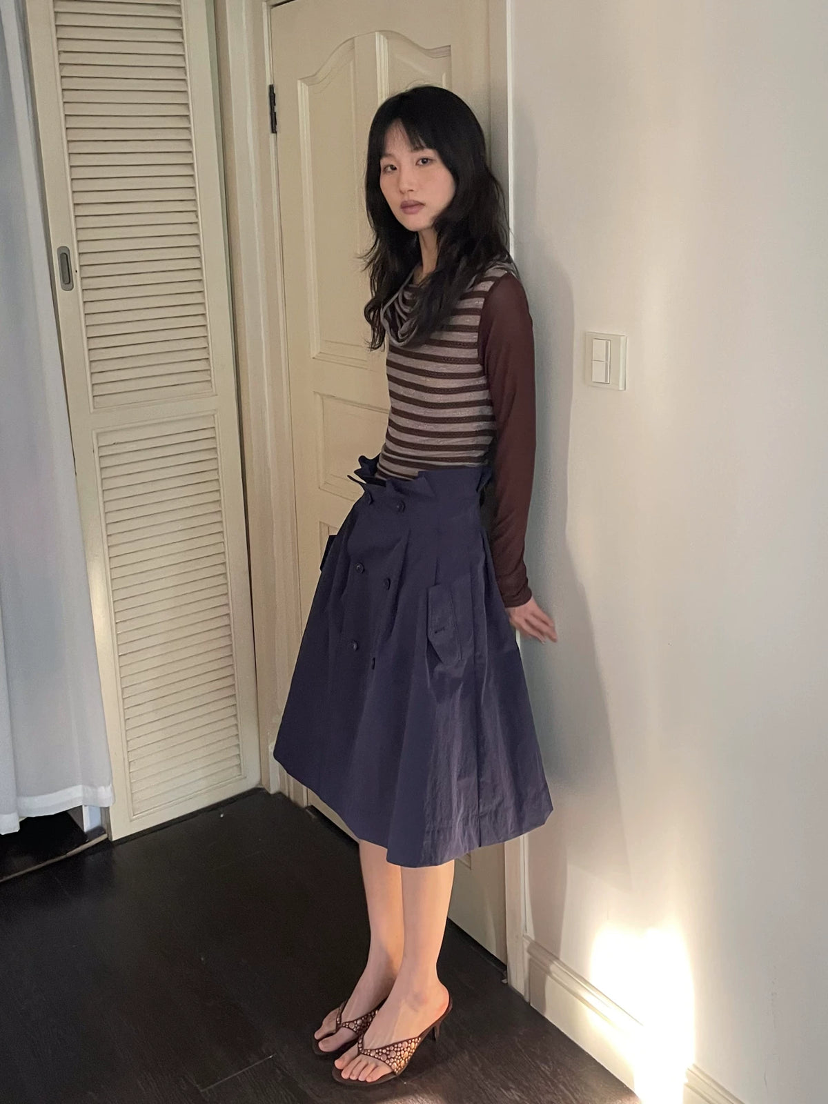 LooseSmell Detachable Panel Double-Breasted High-Waist A-Line Midi Skirt