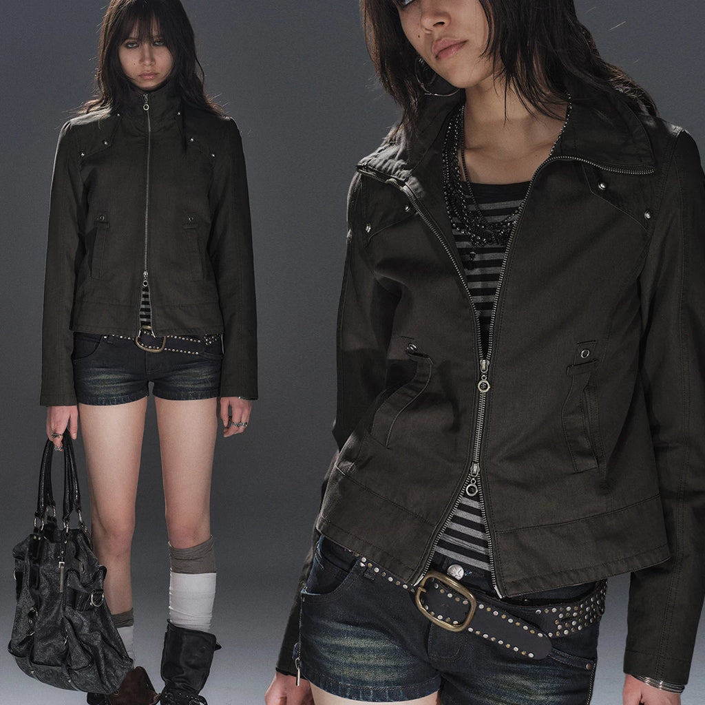 wear And tear Punk Double-Zip Asymmetric Cropped Jacket