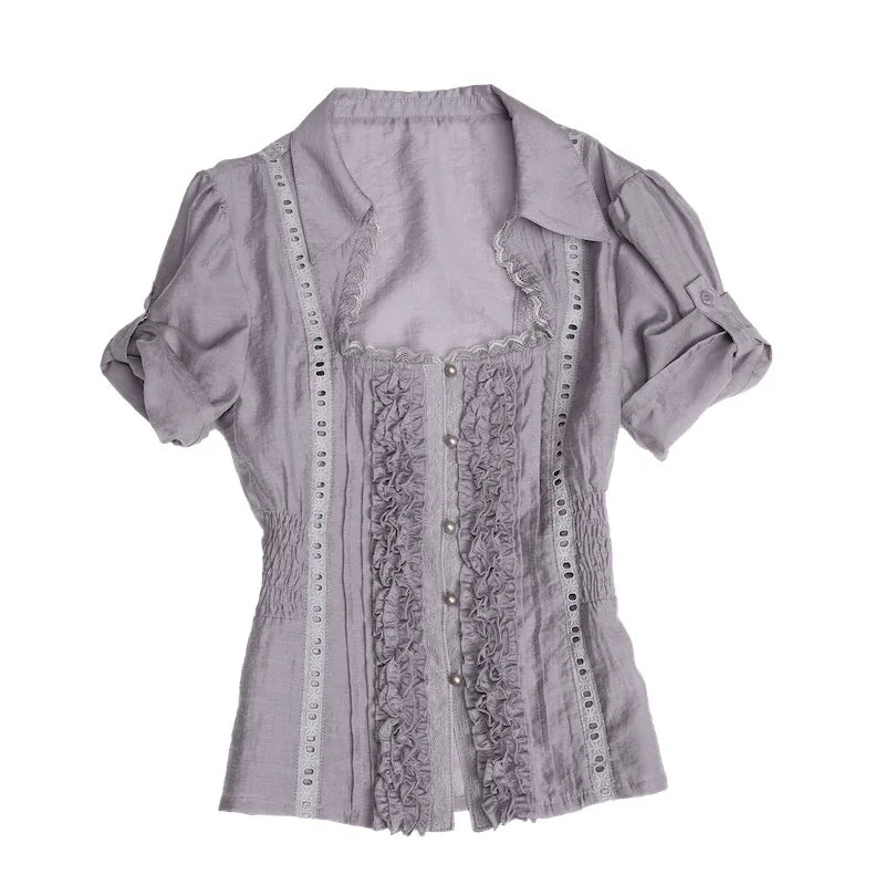DoublePunch Square Neck Puff Sleeve Ruffle Trim Lace Blouse