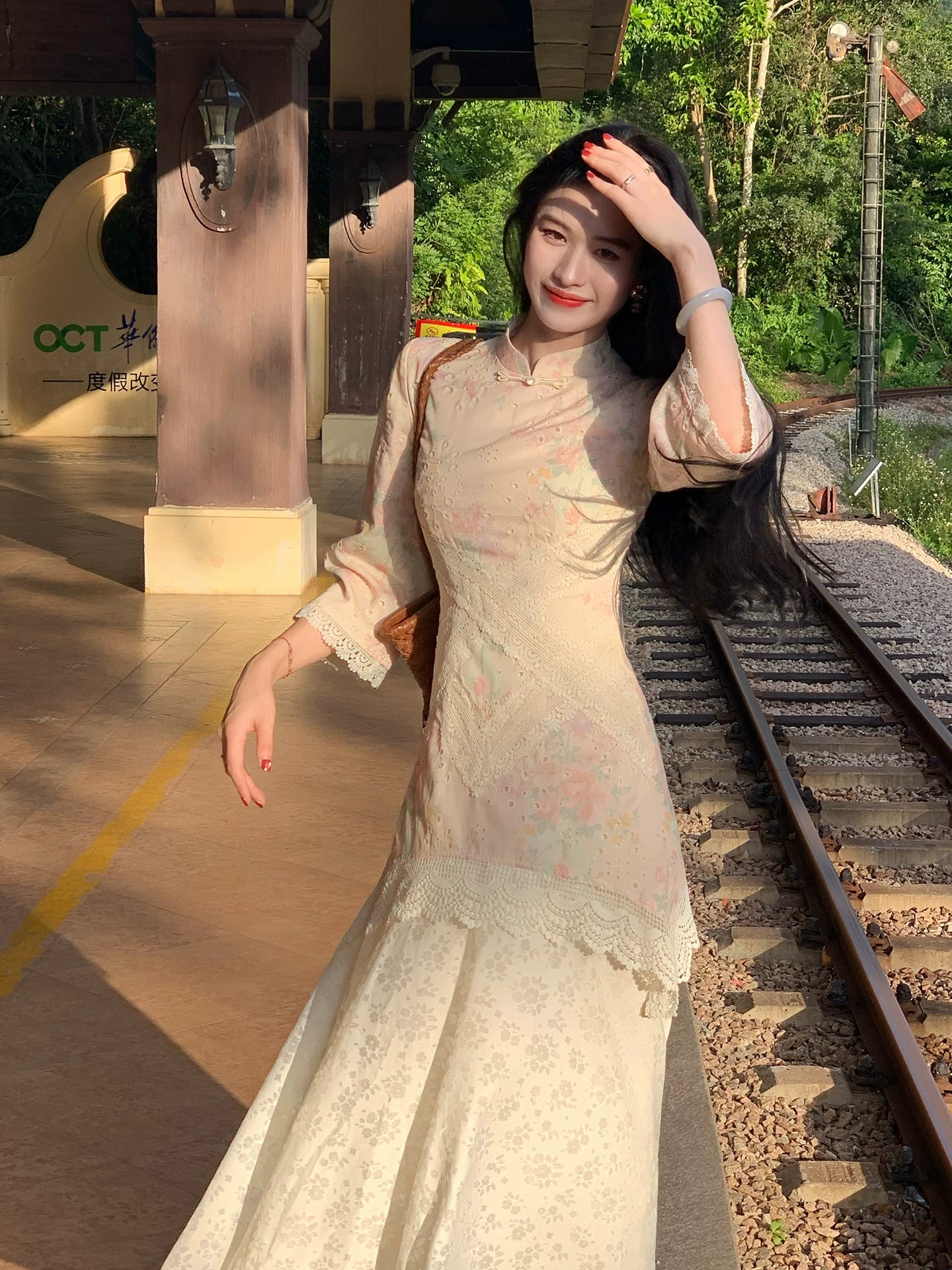 ZIHE Lace Splicing Hollow Floral Dress