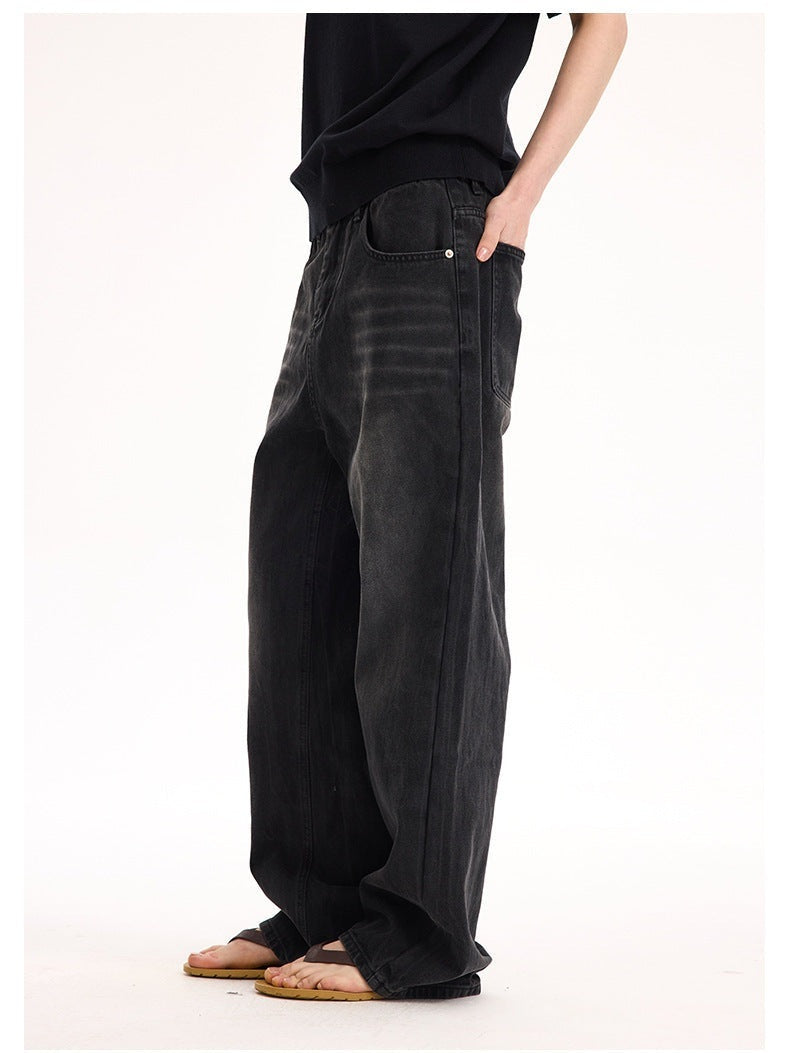 UNF 13.5oz Blockbuster Washed Old Cat Whiskers Baggy Bull Wide Leg Black Jeans