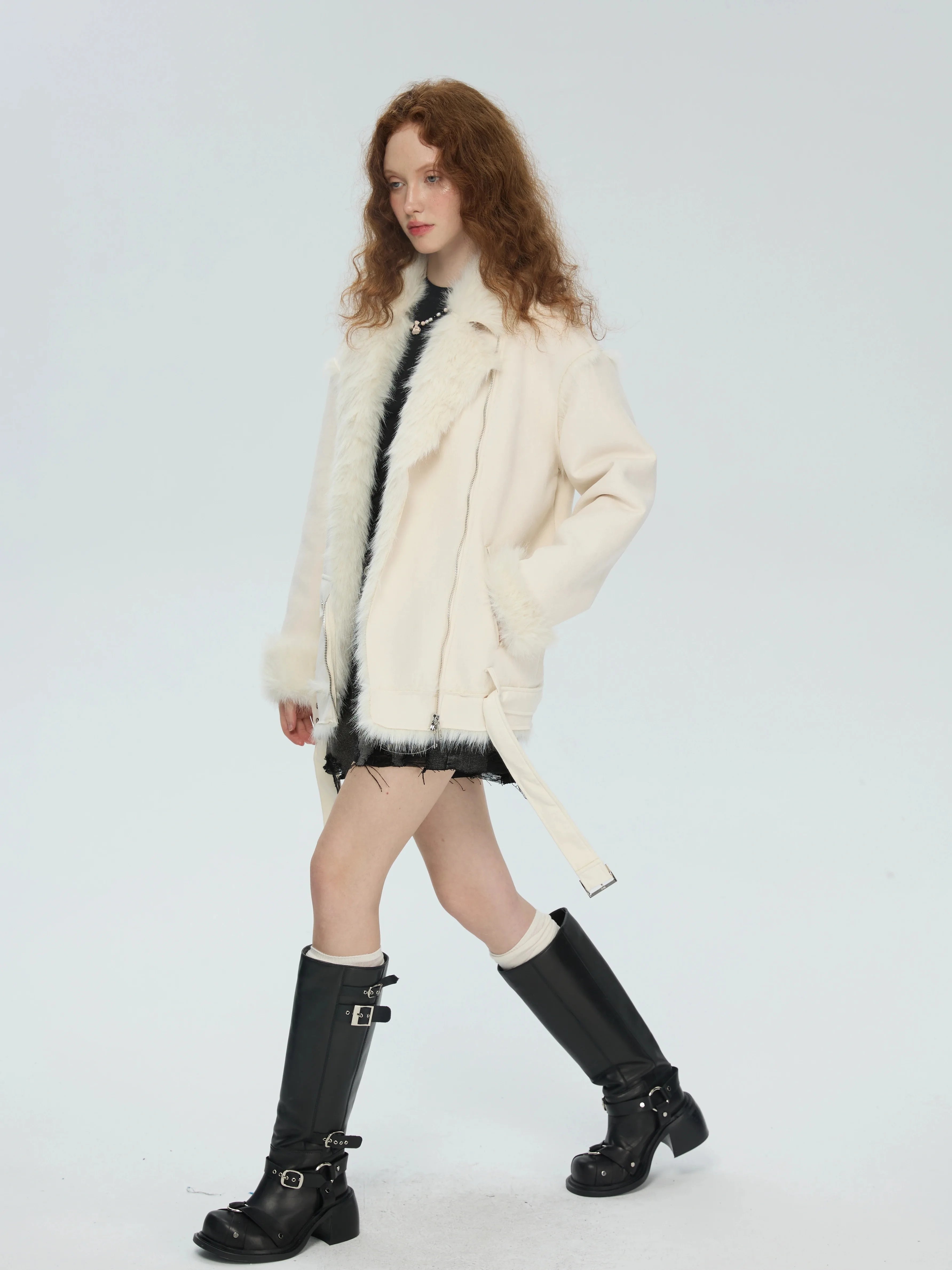 SUREENOUGH Vintage Fur All-in-one Loose Motorcycle Jacket