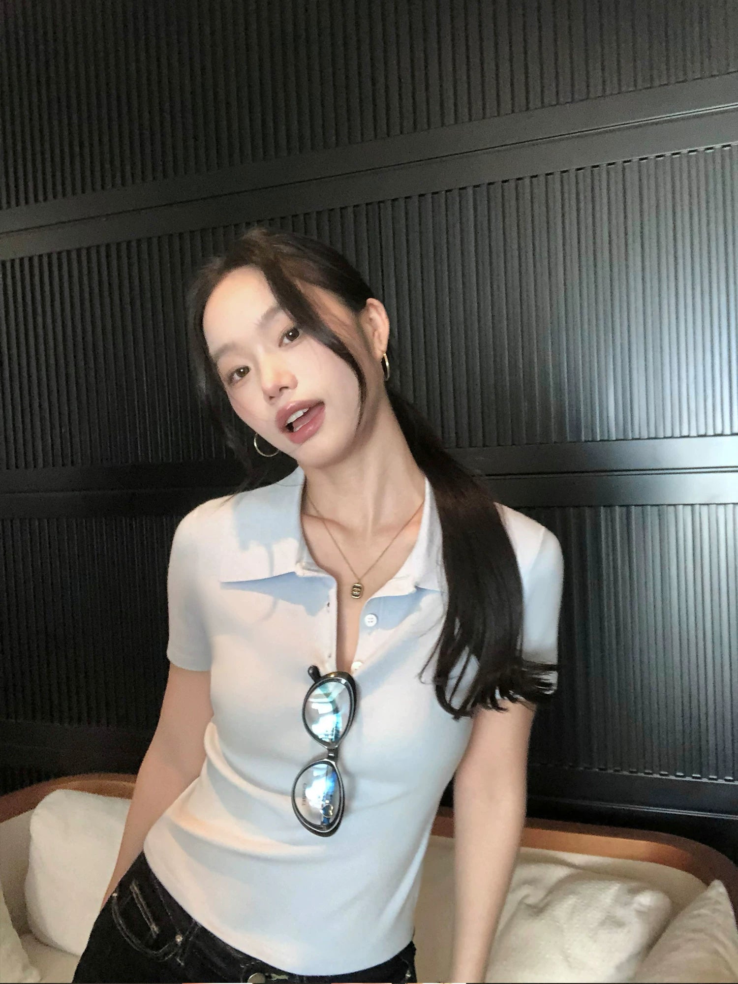 pusumede Cropped Notch-Lapel Knit Polo