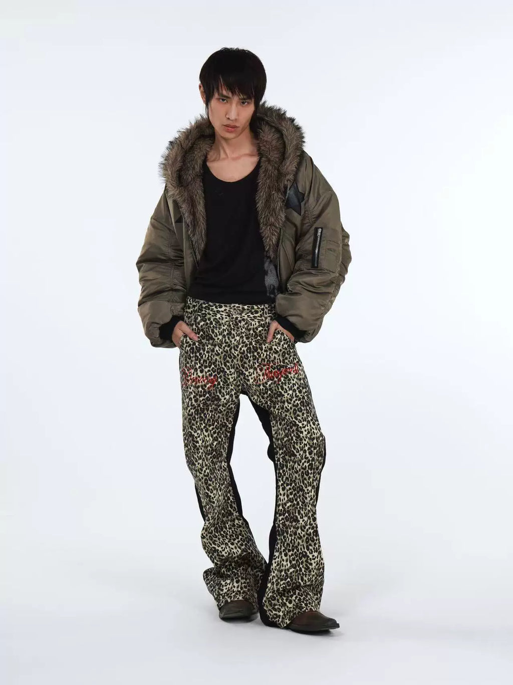 DETW Retro Double Leopard Print Micro-stack Visual Jeans