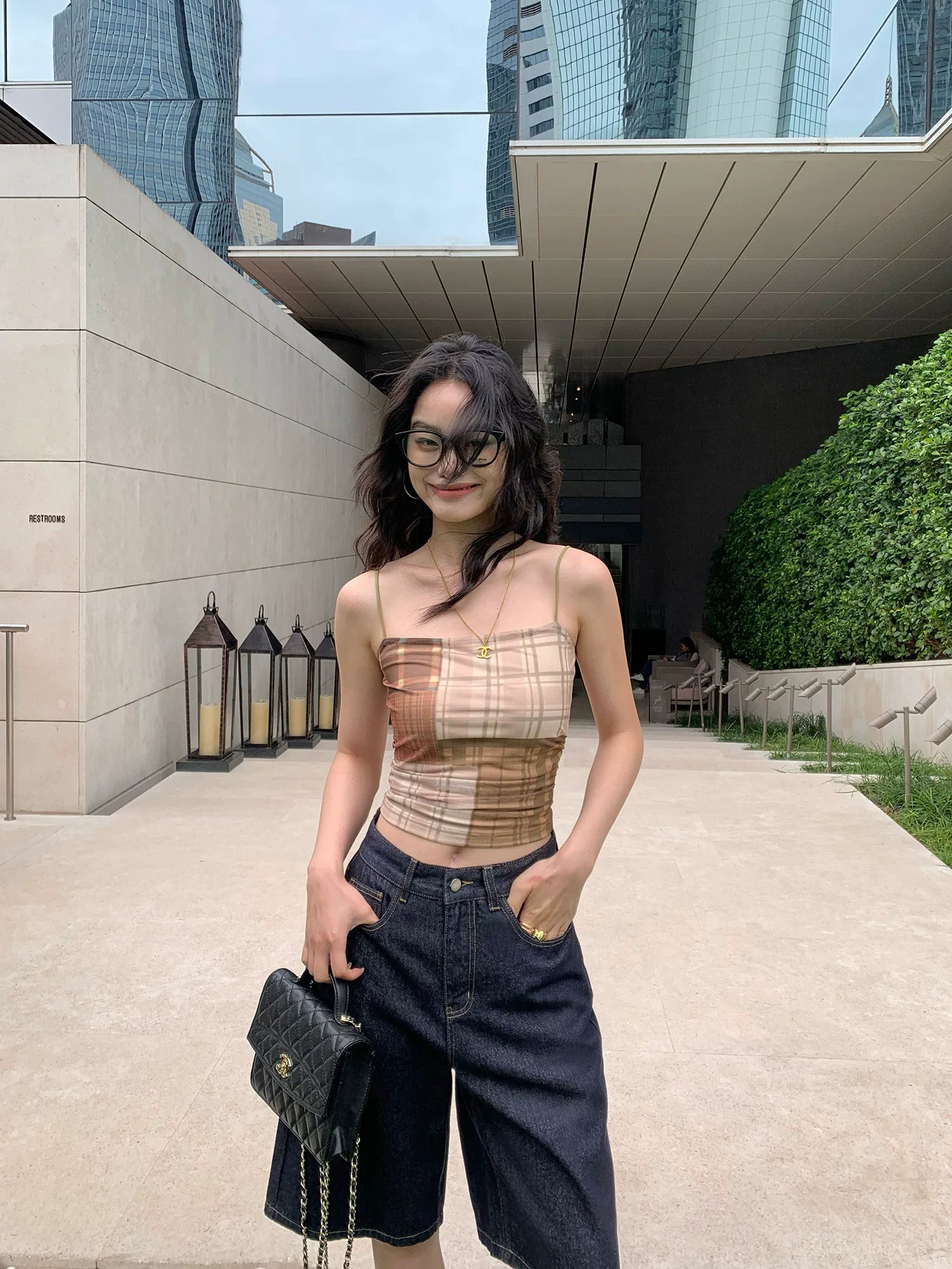 Pusumede Retro Color Matching Plaid Sling Vest