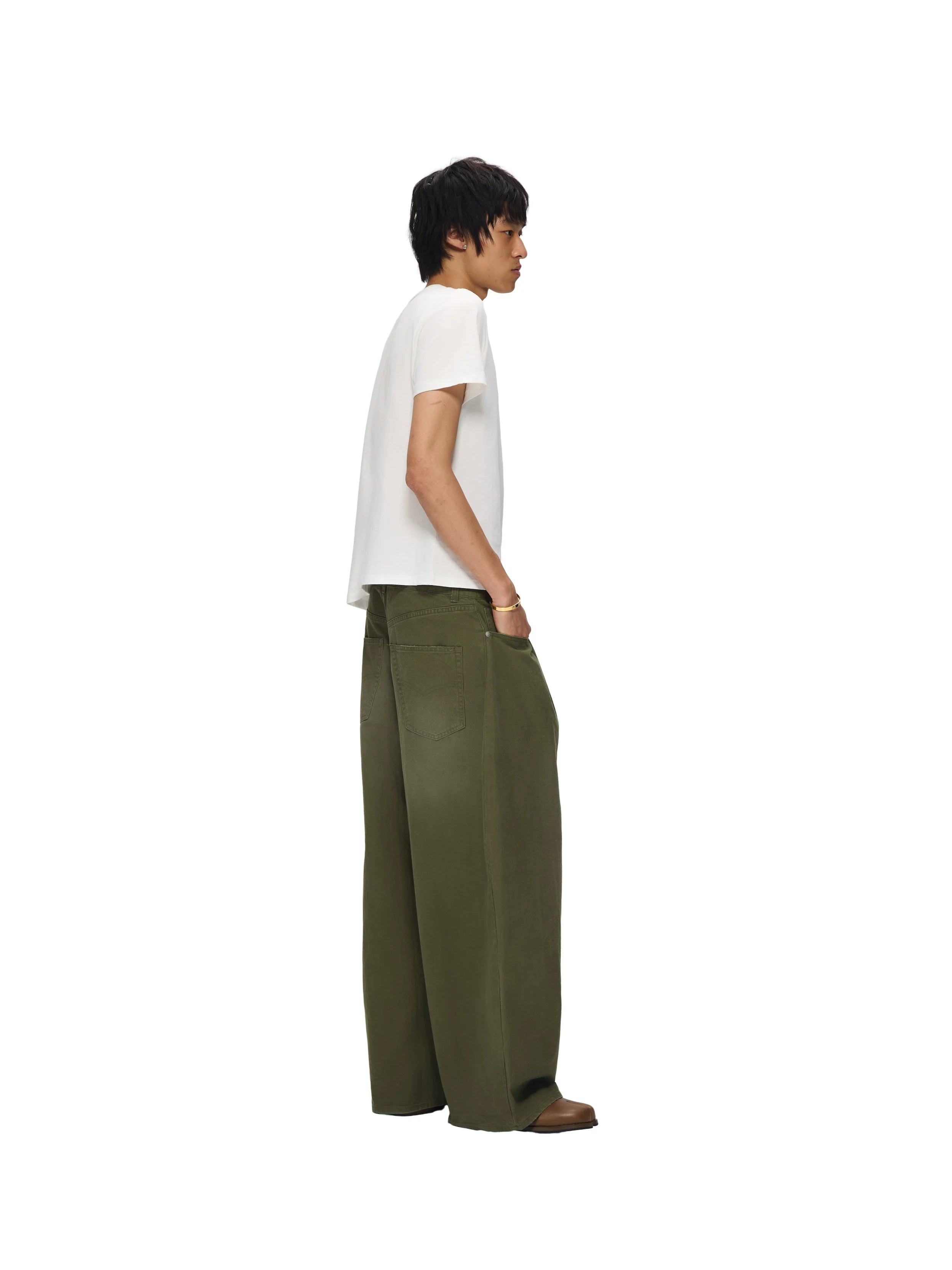 6CRAYON Washed Green Herringbone Wide-Leg Trousers