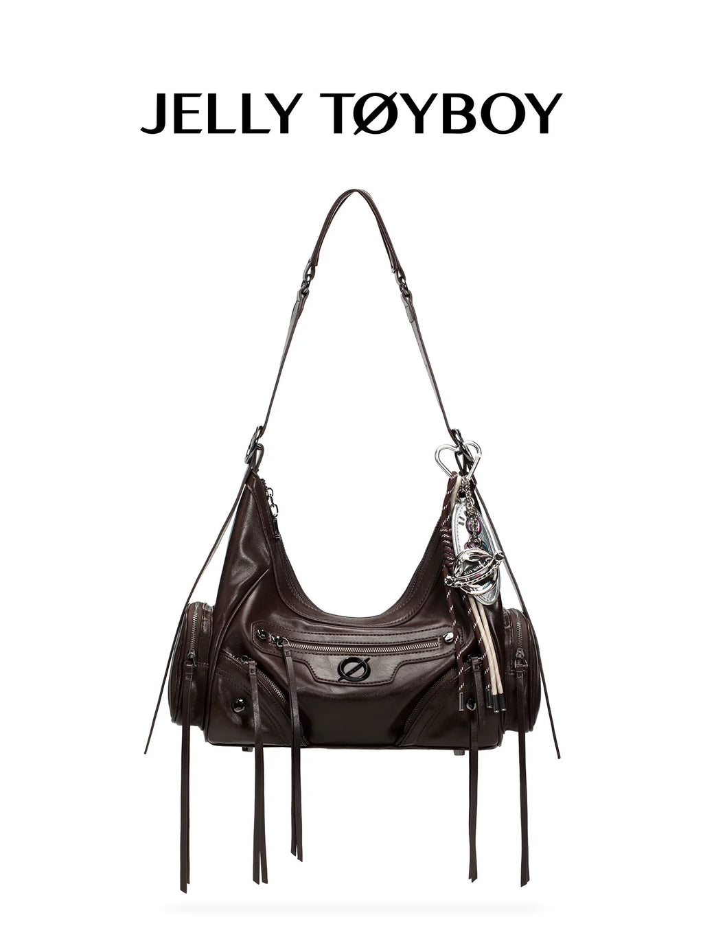 JELLY TOYBOY Brown Faux Leather Zip-Top Hobo Shoulder Bag
