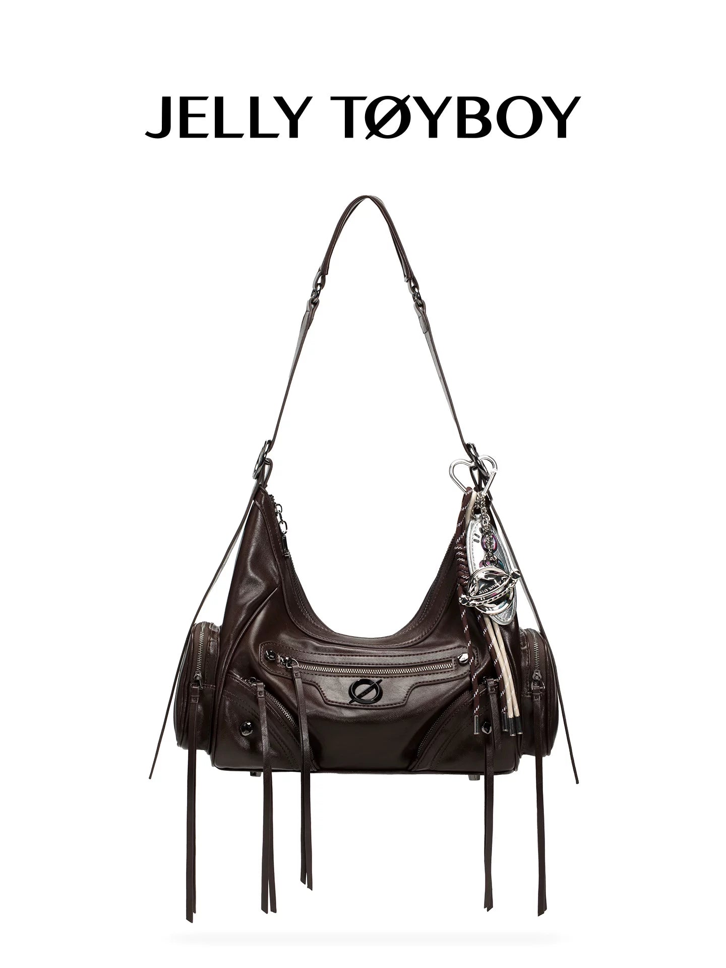 JELLY TOYBOY Brown Faux Leather Zip-Top Hobo Shoulder Bag