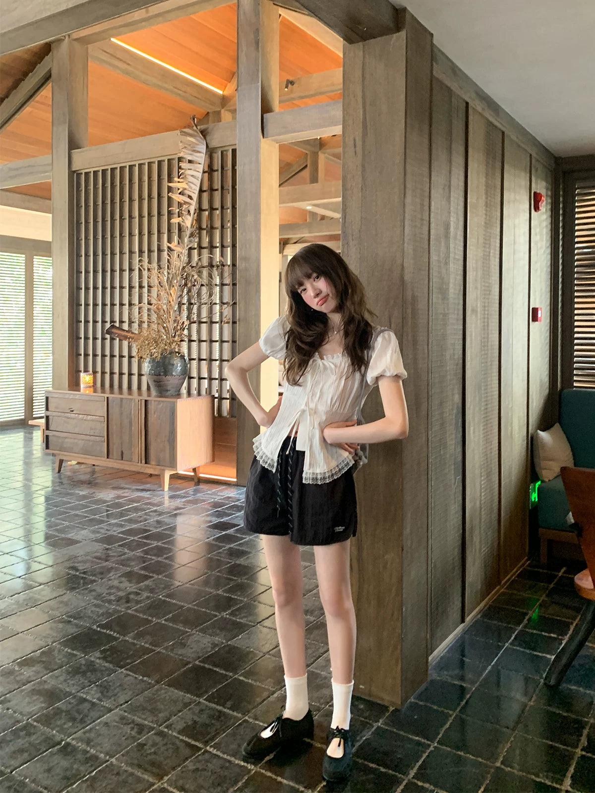 KANO Lace-Trimmed Tie-Front Blouse