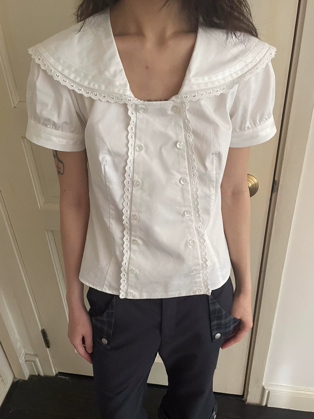LooseSmell White Lace Sailor Collar Blouse