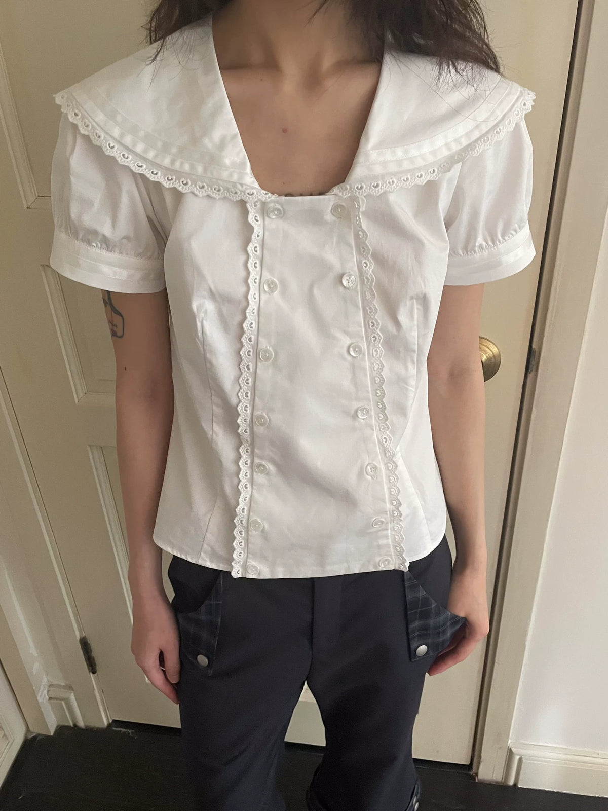 LooseSmell White Lace Sailor Collar Blouse