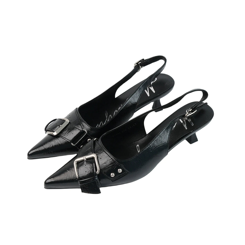 Mooreyu Black Pointed Toe Studded Slingback Heel