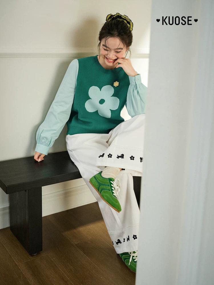 KUOSE Lace-embroidered Straight Wide-leg Pants
