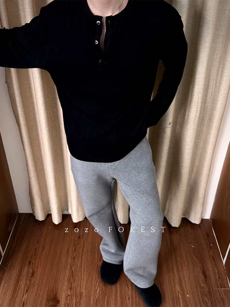 ZOZO FOREST Relaxed Button Soft Lightweight Henry Neck Long Sleeve Sweatshirt