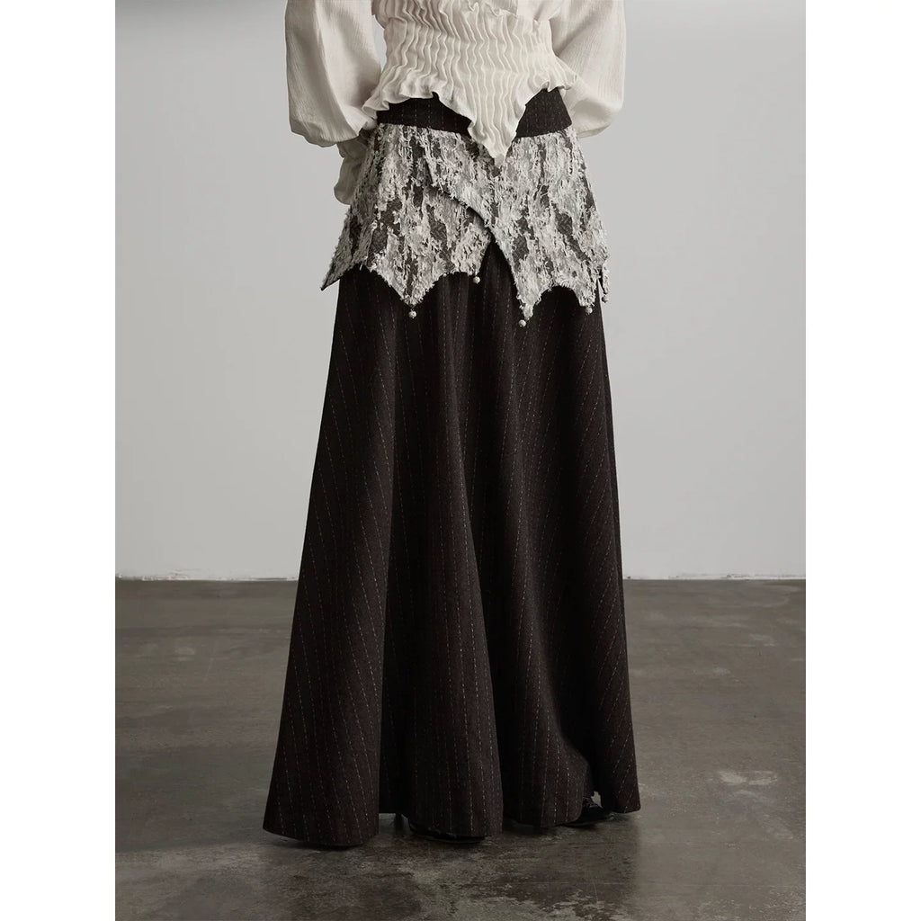 INDULGE Irregular Deconstruction Lace Stitching Striped Skirt