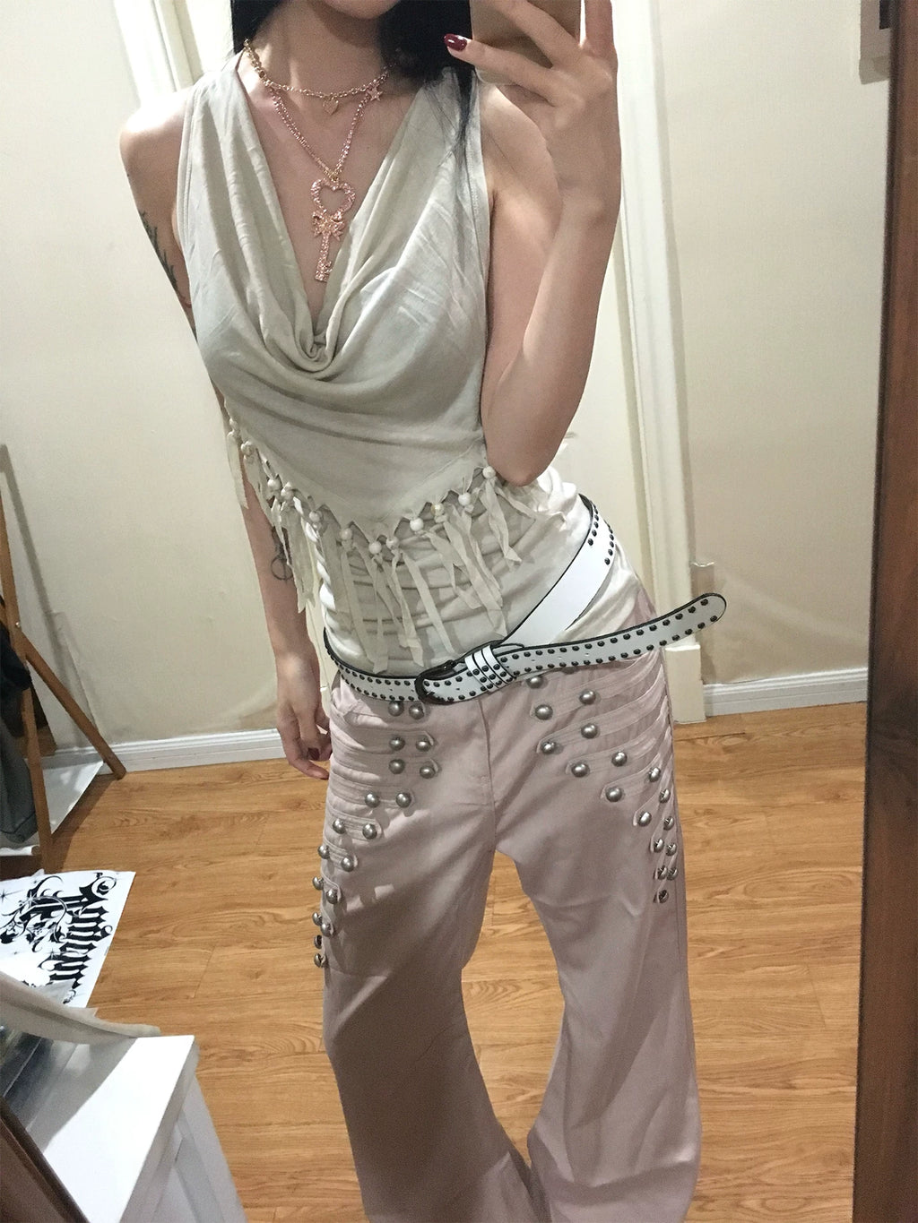 FayChui Metal Buckle High-Waist Wide-Leg Trousers